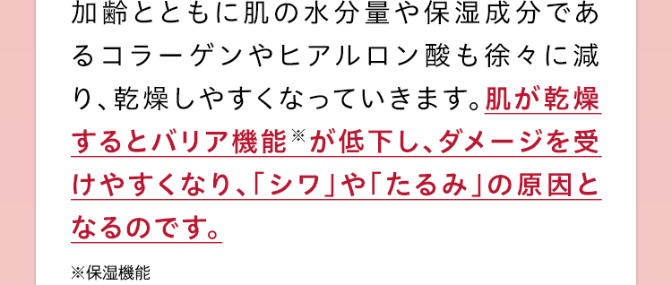 加齢とともに肌の⽔分量や保湿成分であるコラーゲンやヒアルロン酸も徐々に減り、乾燥しやすくなっていきます。肌が乾燥するとバリア機能 が低下し、ダメージを受けやすくなり、「シワ」や「たるみ」の原因となるのです。