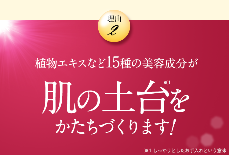 植物エキスなど15種の美容成分が肌の土台をかたちづくります！