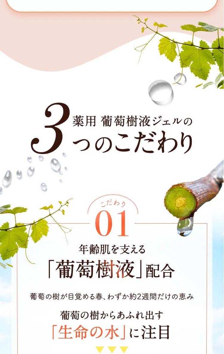 薬用葡萄樹液ジェルのこだわり1 年齢肌を支える葡萄樹液配合